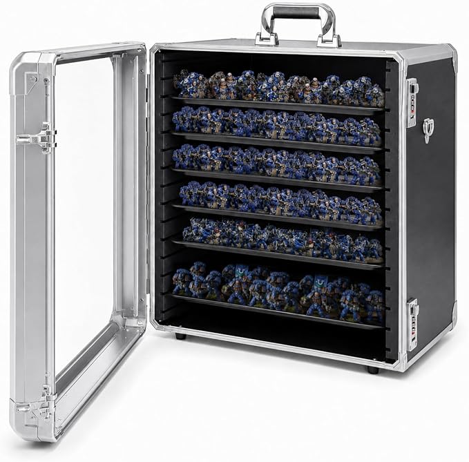Miniature Carrying Case for Wargame Figures, Mini Display Case, X-Large | Aluminum Alloy, 6 Metal Trays, Combination Lock, Shoulder Strap, Storage Case for Collectibles, Tabletop Figure