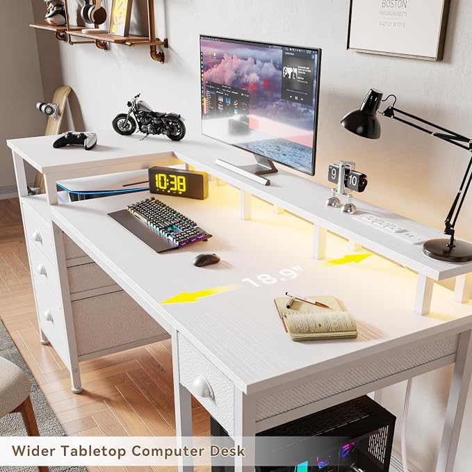 Furologee 60" White Computer Desk with 4 Drawers, Power Outlet, LED Lights | Home Office Desk with Full Monitor Stand,Storage Shelves, 4 File Drawers Cabinet ,Printer Space for Study Working Bedroom