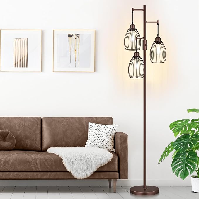 Torondo Dimmable Farmhouse Industrial Floor Lamp, Matte Brown Tree Standing Tall Lamps with 3 Elegant Teardrop Cage Head & 800 Lumens LED Edison Bulbs for Living Room Bedroom Office Dining Room