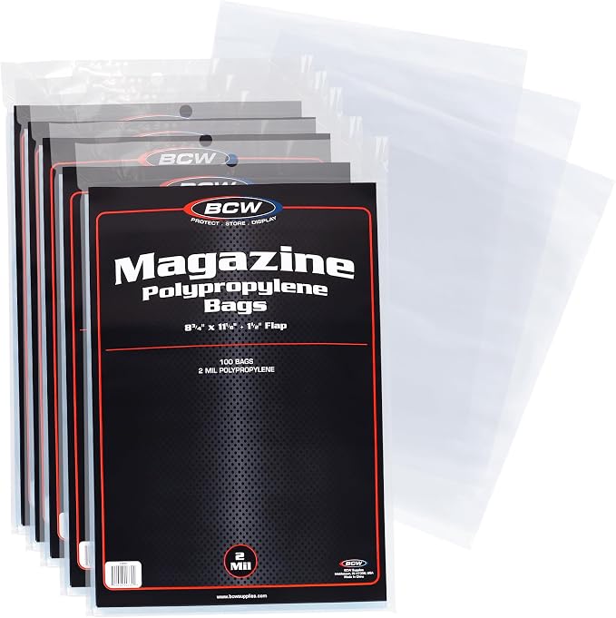 BCW Magazine Bags - 500 Count | Fits Standard 8.5 x 11 Inch Magazines | Acid-Free Polypropylene Magazine Sleeves with Fold-Over Tape Flap | Archival Plastic Magazine Protectors for Collectors