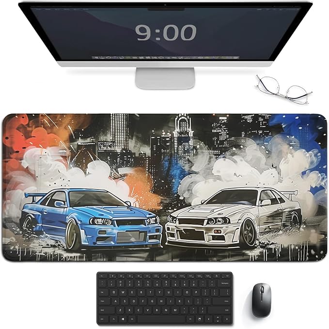Car Gaming Mouse Pad Large Mousepad R34 R32 Racing Car Anime Aesthetic Graffiti JDM Big Computer Desk Mat Desk Pad for Keyboard and Mouse Mat Non-Slip Base 40x90cm, Style