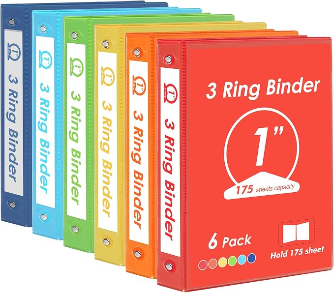 EOOUT 6 Pack 3 Ring Binders 1 inch, Three Round Ring 1'' Binders with 2 Pockets Interior, 6 Assorted Rainbow Colors, Fits 8.5'' x 11'' Letter Size Paper for School Office Supplies