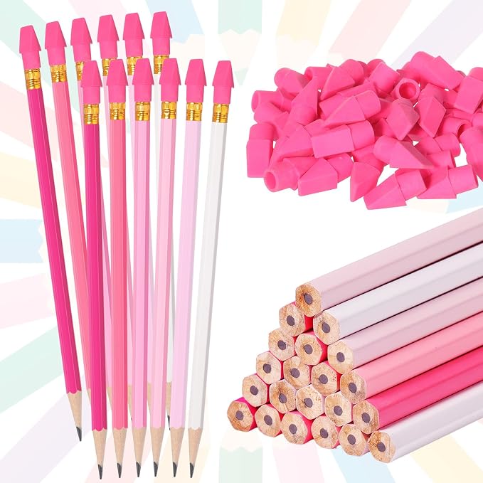 Gersoniel 24 Pack Pink No. 2 Pencils, HB Wooden Bulk with 48 Eraser Caps
