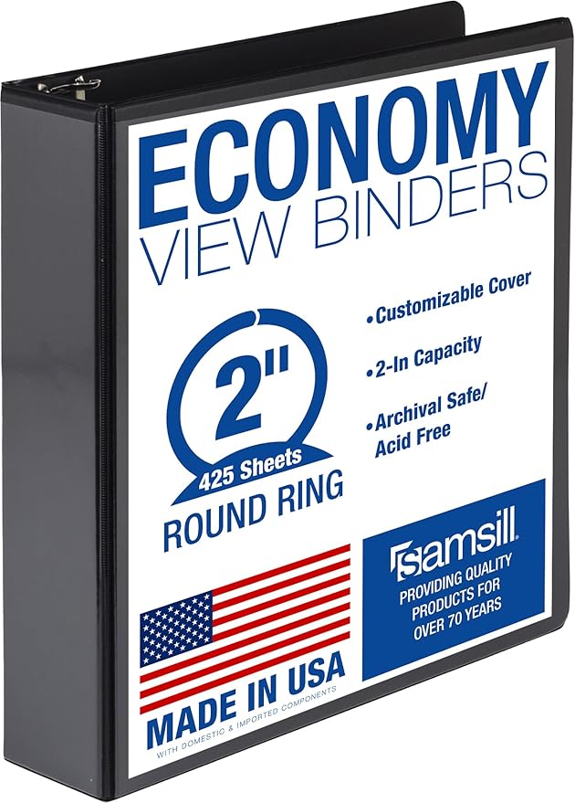 Samsill 2 Inch 3 Ring Binder, Economy Round Ring, Clear View Cover, 425 Sheet Capacity - for School, Home, Office - Charcoal Black