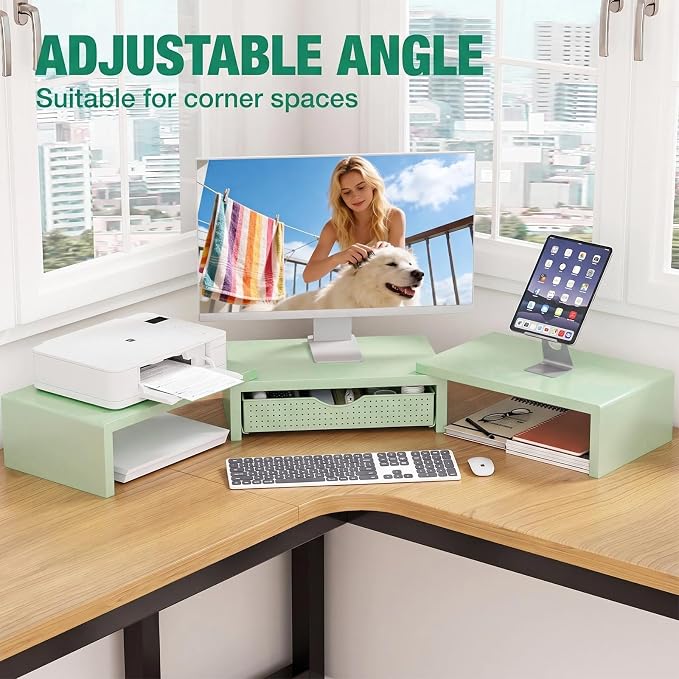 Dual Computer Monitor Stand Riser, Desk Organizer with Drawer, Office Desk Accessories & Workspace Organizers for Home Office Supplies, Green
