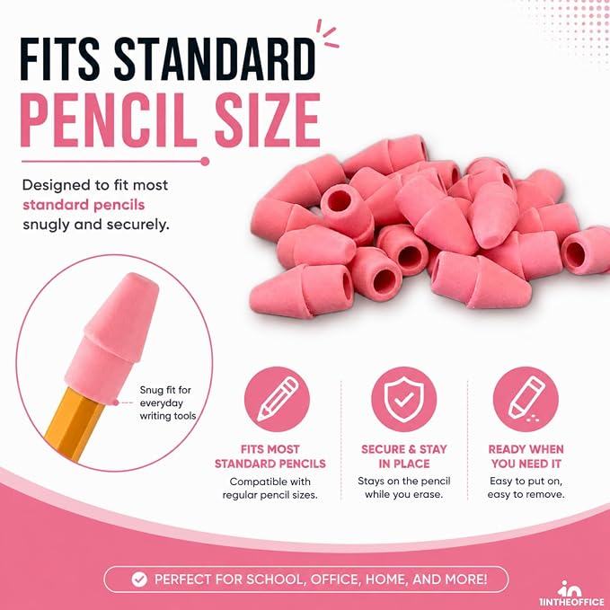 1InTheOffice Pencil Cap Erasers, Assorted Colors, Arrowhead Caps Tops Eraser, Eraser Cap for Art, School, Office Use, and Classroom Set, (Pink, 288 Pack)