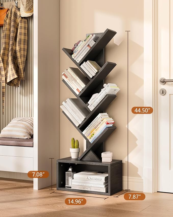 Evermagin 6 Tier Tree Bookshelf with Lights, LED Book Tree Bookcase | Black with Storage Organizer, Small Corner Bookshelf Floor Standing Book Shelf for Living Room, Bedroom & Home Office