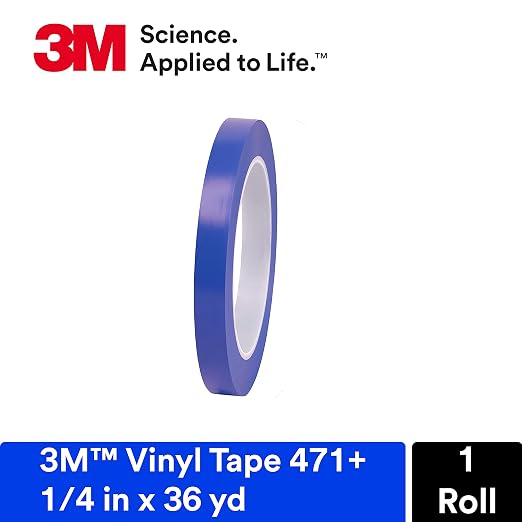 3M Vinyl Tape 471+, Indiago, 1/4 in x 36 yd, 5.3 mil, 1 Roll | Fine Line Tape for Paint Masking Striping, Color Separation and Complex Designs, High-Temperature