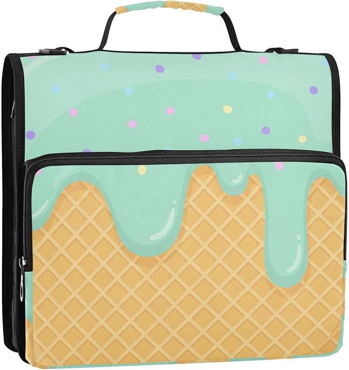 ALAZA Zipper Binder 3 Ring Green Ice Cream of Waffles Binder Organizer with Zipper and Shoulder Strap Large Capacity Multi-Pocket Trapper Keeper File Folder for Office Supplies