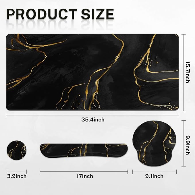 Keyboard Mouse Pad Set, 4 in 1 Desk Mat Set, Marble Black Gold | Large Mousepad+Keyboard Wrist Rest+Mouse Wrist Rest+Coaster Ergonomic Design for Home Office Computer