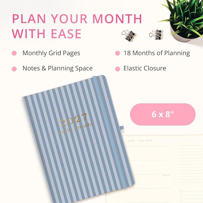 Graphique Stripes 18 Month Planner | July 2026 – Dec. 2027 | Hardbound Planner with Monthly Tabs | Holidays & Reminder Stickers 6 x 8