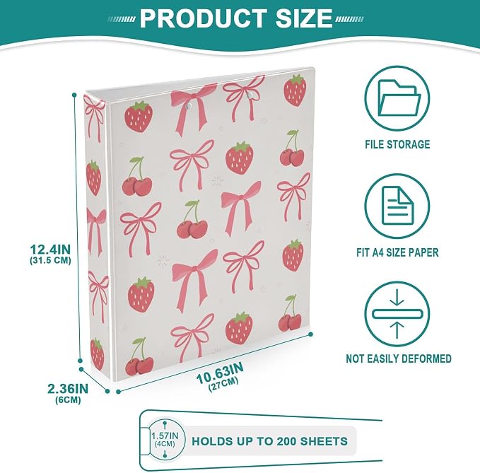 3 Ring Binder 1.5 Inch Red Cherry Bow and Strawberry Clipboards Binders with Interior Pockets Round Ring Binder for Office Supplies and School 1 Pack