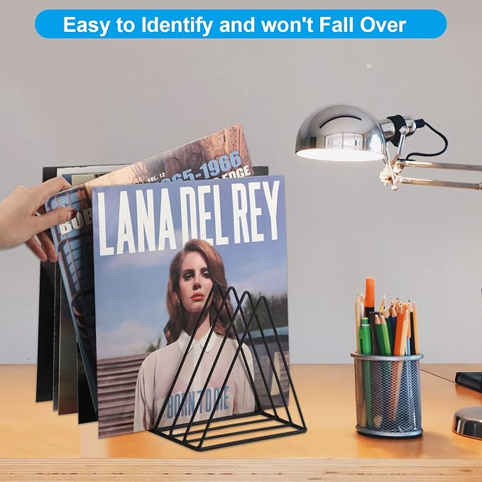 Vinyl Record Holder Storage, 9 Slot Metal Magazine Book Album Display Rack, Stylish Triangle Desktop File Sorter Organizer for Home Office, Black