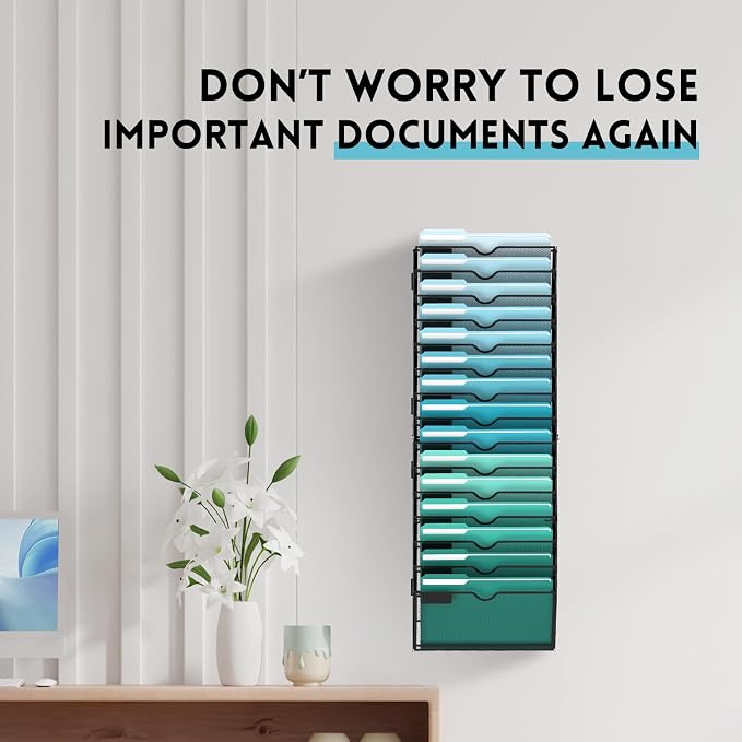 15-Tier Wall File Organizer, Hanging File Holder, Wall Mounted Mail Sorter | Metal Mesh Hanging File Organizer with Open Compartments and Label Panels for Papers and Folders at Home, Office or School