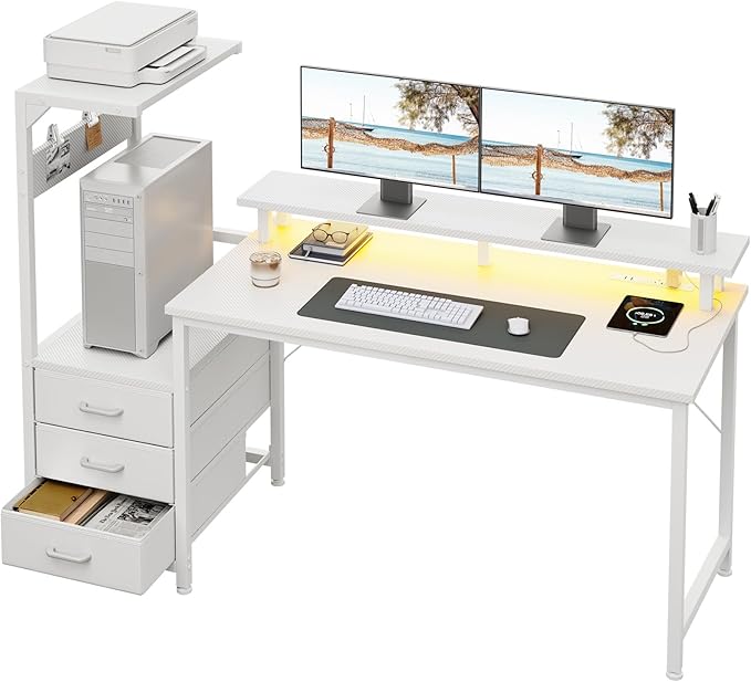 AODK 59 Inch Gaming Desk with USB Charging Ports & LED Light- Reversible Computer Desk with Storage Shelves & Monitor Stand, Modern Gamer Desk Table with Fabric Drawers, White