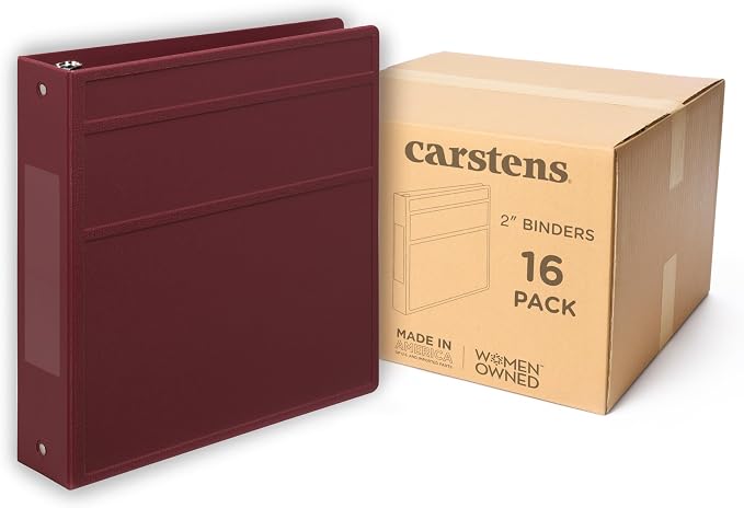 Carstens 2-Inch Heavy Duty 3-Ring Binder - Side Opening, Wine, Durable Plastic, No-Gap Rings, Waterproof Covers, No Pockets, Holds 300 Letter-Sized Sheets, BPA-Free, Made in USA (2823-3R), Case of 16
