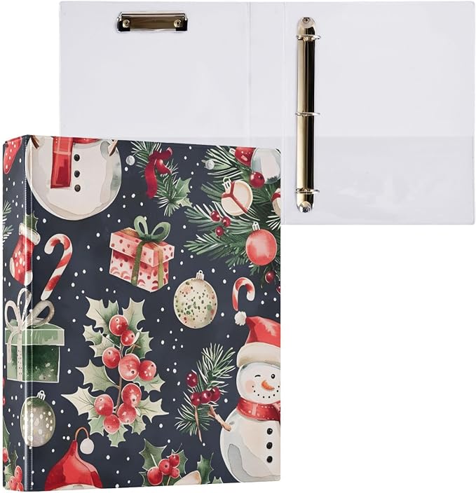 3 Ring Binder Christmas Snowman Gift 1.5 inch Binders Three Ring Binders with Clipboard Fit 8.5'' x 11'' Paper 3 Interior PVC Clear Pockets for Office Supplies