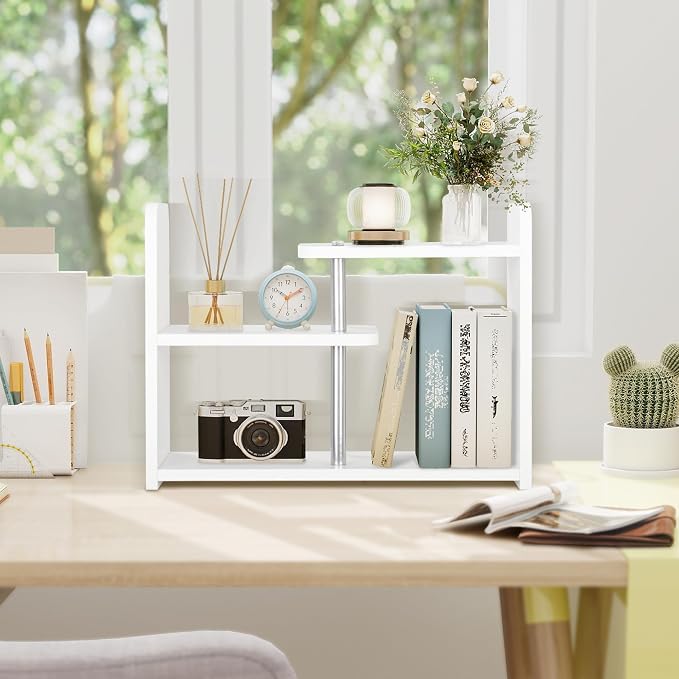 Desktop Organizer,Office Storage Rack,Wood Small Bookshelf,White | Display Shelf,Office Shelf,Desk Organizer Small Tabletop Hutch for Office,Dorm,Living Room,Counter Top