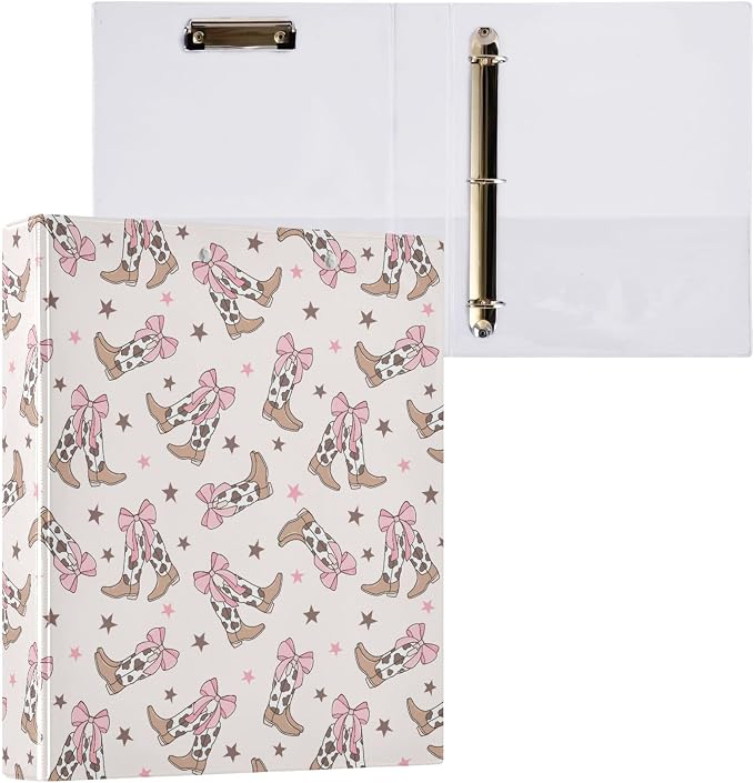 Pink Bow Cowgirl Round Ring Binders 1.5 Inch Doodle Bow Knot 3 Ring Clipboard Binder for Office School Work Supplies File Folder 200 Sheet Capacity