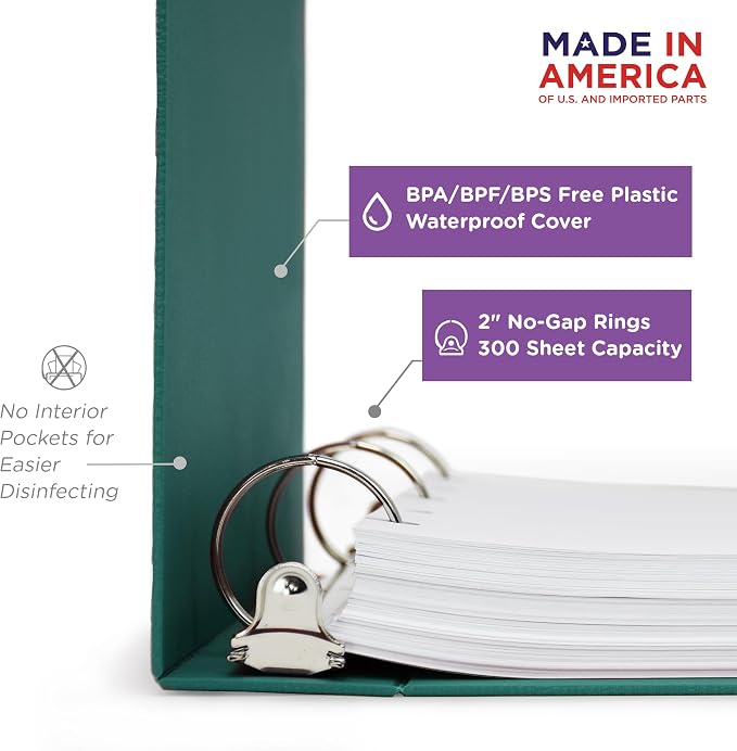 Carstens 2-Inch Heavy Duty 3-Ring Binder - Top Opening, Teal, Durable Plastic, Precision No-Gap Rings, Waterproof Cover, No Pockets, Holds 300 US Letter Sheets, BPA-Free, Made in USA (5872-3R)