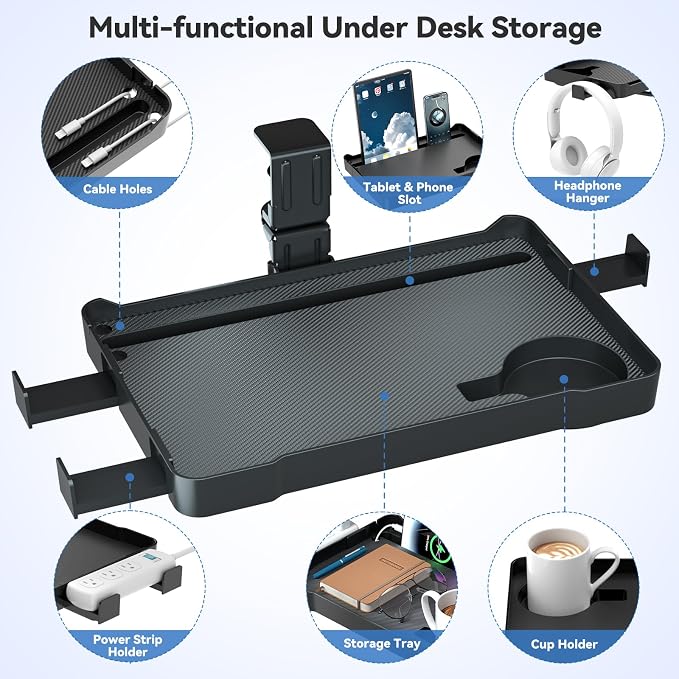 KDD Under Desk Organizer - 360° Rotating Clamp-On Tray with Headphone Hook, Phone & Tablet Holder, Cup Holder, and Cable Management - No Drilling Desk Storage Accessories for Office and Home
