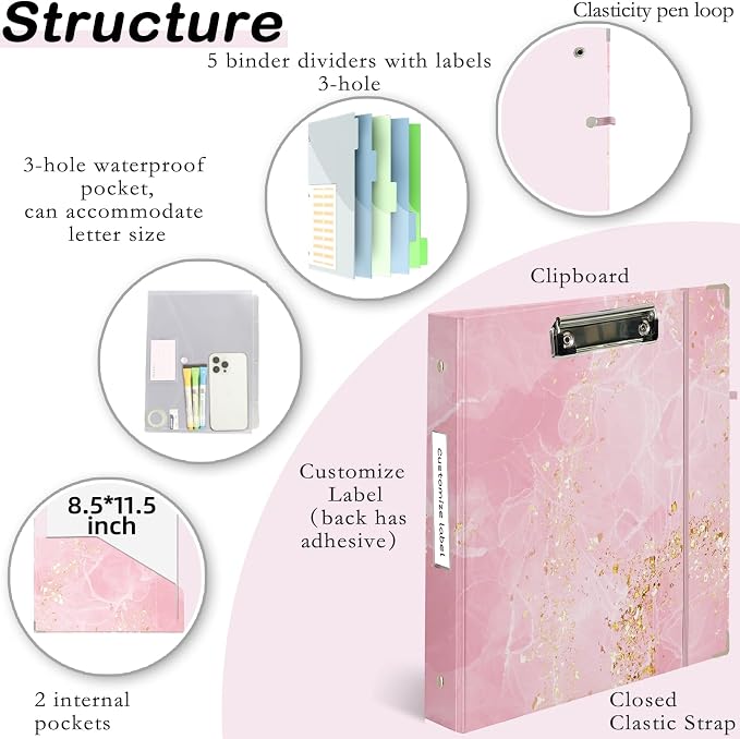 3 Ring Binder 1 inch with Clipboard - Pink & Gold Marble Design, Includes Dividers, File Bag & Spine Label - Stylish and Durable for Everyday Use, Holographic Waterproof Film