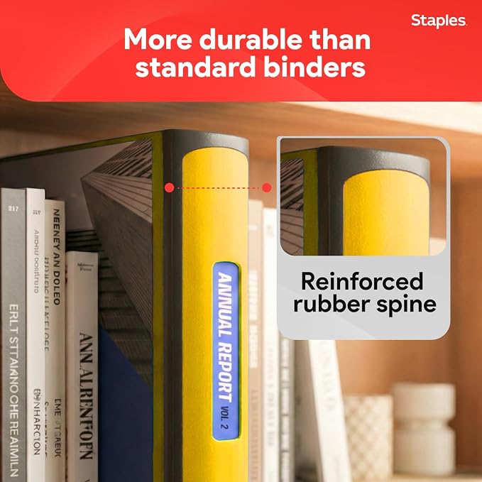 Staples Heavy-Duty 3-Inch D-Ring Binder, Yellow, Holds 600 Sheets | Large-capacity 3-ring binder for school and office document storage.