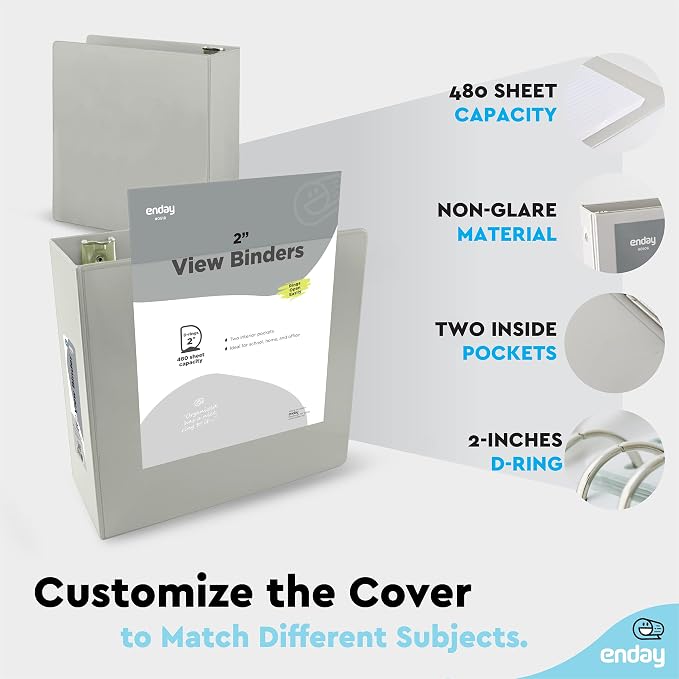 Enday 2 inch 3 Ring Binder (12 Pack - Grey) Binder 2 inch with Clear View Cover and 2 Inside Pocket - for Letter Size 8.5 x 11'' Paper, Ideal for School Supplies, Office, and Home