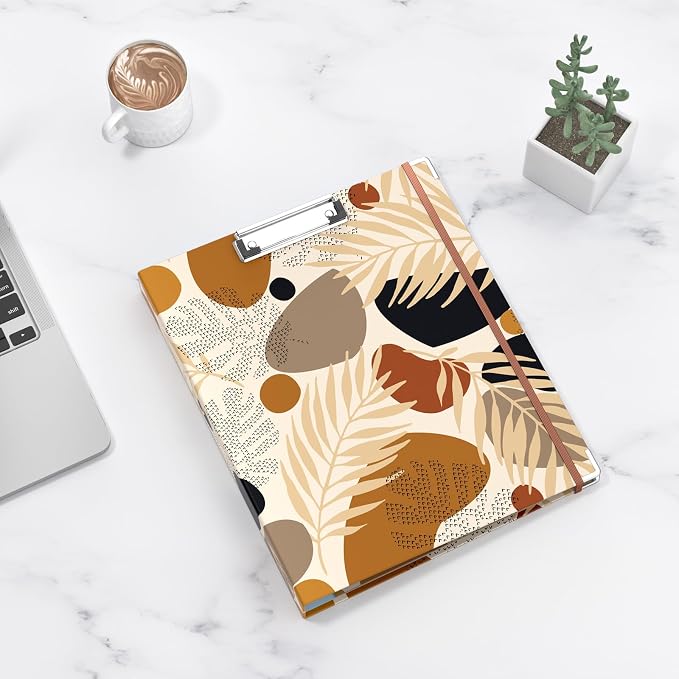 3 Ring Binder, 1 Inches Round Ring Binder with Clipboard, Dividers Tabs, PVC Zipper Bag Sleeves & to Do List Planners for Women, Men, School, Office Supplies, Modern Leaves