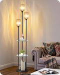 Black Floor Lamp with Shelves, Modern Floor Lamp with 3 Crystal Shades and Foot Switch, 3-Light Standing Lamp, for Living Room, Bedroom, Study, Office, Black B53LD05