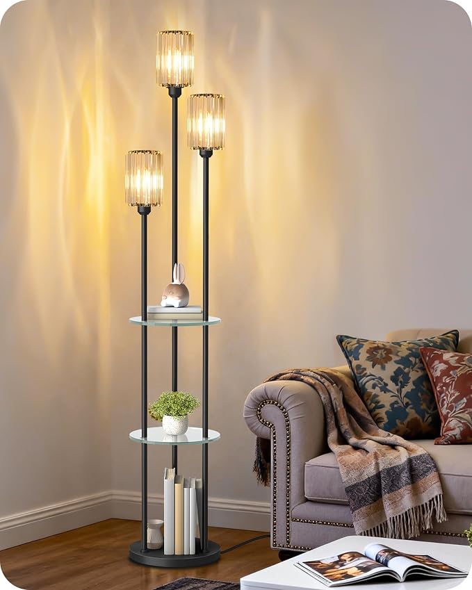 Black Floor Lamp with Shelves, Modern Floor Lamp with 3 Crystal Shades and Foot Switch, 3-Light Standing Lamp, for Living Room, Bedroom, Study, Office, Black B53LD05