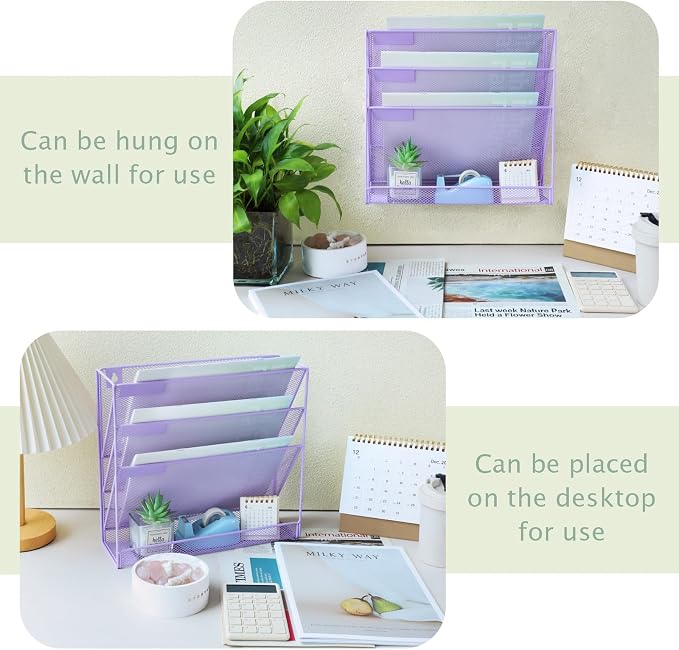 3 Pockets Mesh Wall File Holder Organizer with Bottom Flat Tray, Office Hanging File Folder Magazine Rack, Nametag Label Hooks Set Included, Purple