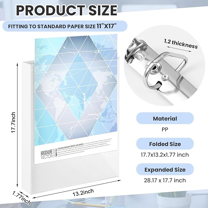 4 Pcs 11 x 17 1 Inch 3 Ring Binders View Cover Heavy Duty Plastic Flexible 1" D Rings Binders Economy Holds 11" x 17" Paper for Office, Home, Work Places Store Artwork Blueprints