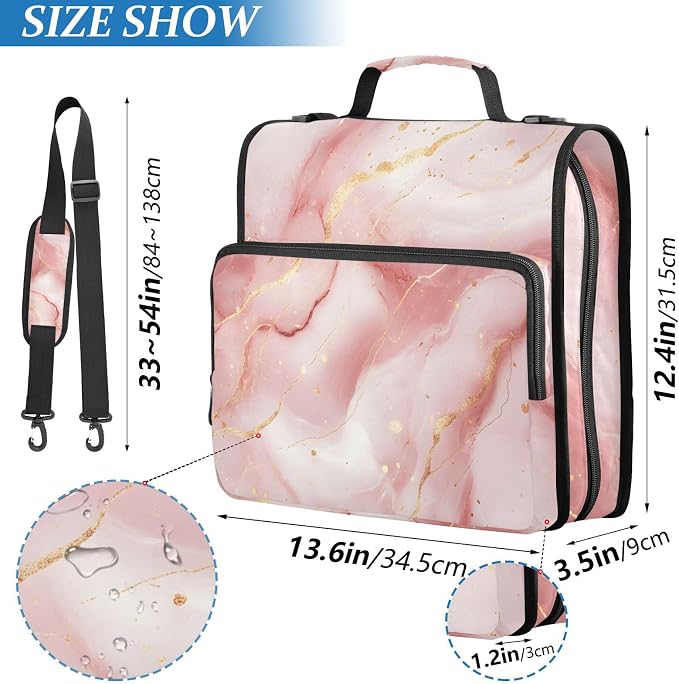 Pink Marble Zipper Binder 3 Ring Binder with Shoulder Strap 500 Sheet Capacity Storage Organizer Trapper Keeper File Folder