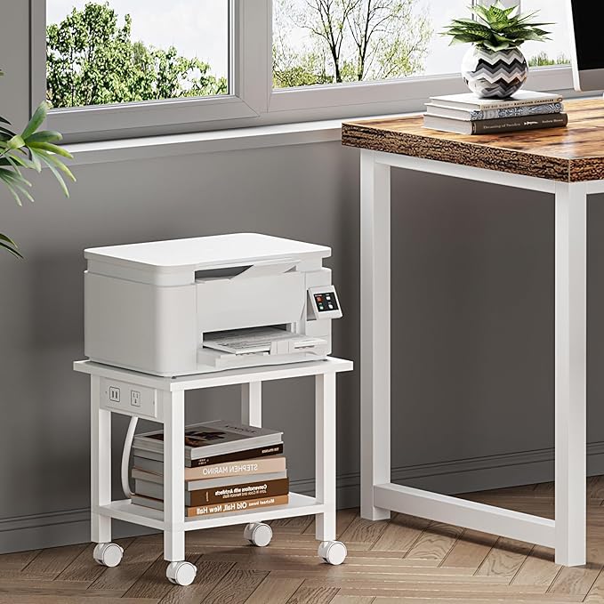 TUTOTAK Printer Stand, 2 Tier Rolling Printer Cart with Charging Station | Small Under Desk Printer Table with Wheels for Small Space, Office, Home, White PS01BW001