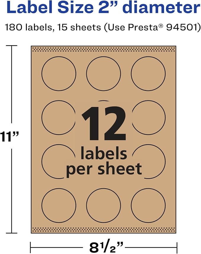 Avery® Kraft Brown Round Labels, Sure Feed® Technology, 2" Diameter, 180 Kraft Brown Labels, Print-to-The-Edge, Laser/Inkjet Printable