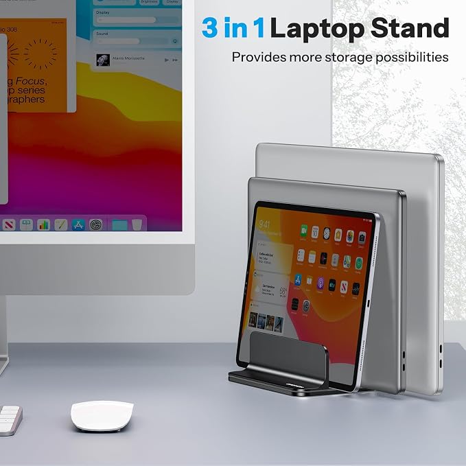 OMOTON 3-Slot Multiple Vertical Laptop Stand, Fits All MacBook, Black | Adjustable Width 0-1.38", Aluminum Office Space-Saving for Desk, Fits MacBook/Book/iPad Up to 17.3in