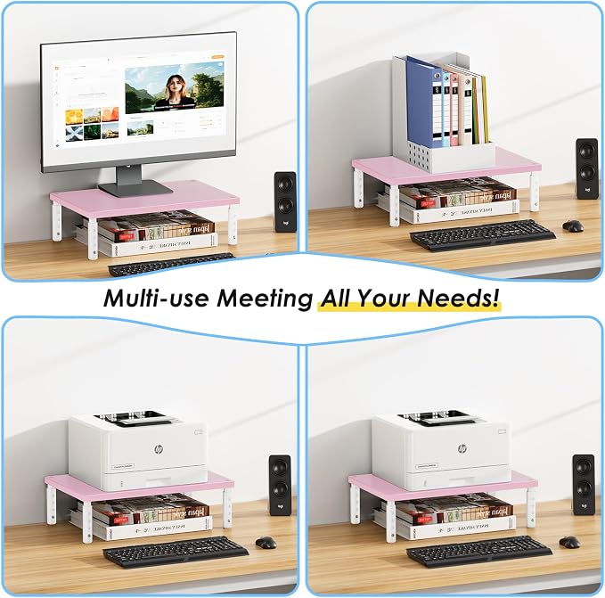 ECOLOVI Adjustable Wood Computer Monitor Stand Riser, Office Desk Organizer and Accessories for Monitor, Laptop, PC, Printer, Office Desk Accessories Workspace Organizer for Home Office Supplies, Pink