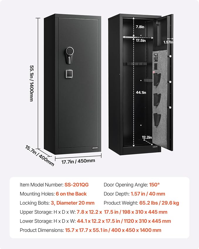 VEVOR 8-10 Gun Safe, Long Gun Cabinet for Rifles and Pistols, Quick Access Rifle Safe with 3 Pistol Pockets and Adjustable Racks, Digital Cabinet with Fingerprint and Password Lock(Assembly Required)