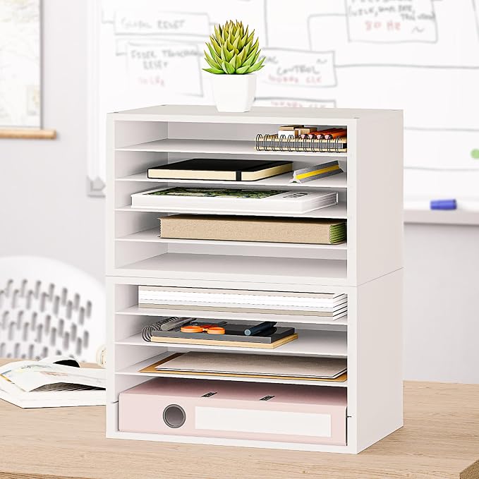 Ballucci 5 Tier Paper Organizer Letter Tray, Wood Desk File Organizer with Adjustable Shelves, Home Office School Letter/A4 Mail Sorter Magazine Holder - White