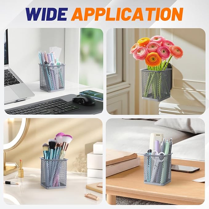 Segarty Pen Holder, 3 Pack Square Silver Pencil Holder for Desktop, Metal Mesh Pen Cup Container Desk Organizer for Office Supplies, School, Home, Makeup Brush Storage