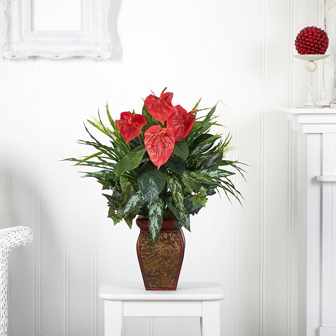 Nearly Natural 26 in Artificial Mixed Greens and Anthurium with Vase | Vibrant Red Plumage, Lifelike Textures, Decorative Vase Included, Year-Round Home or Office Decor Accent