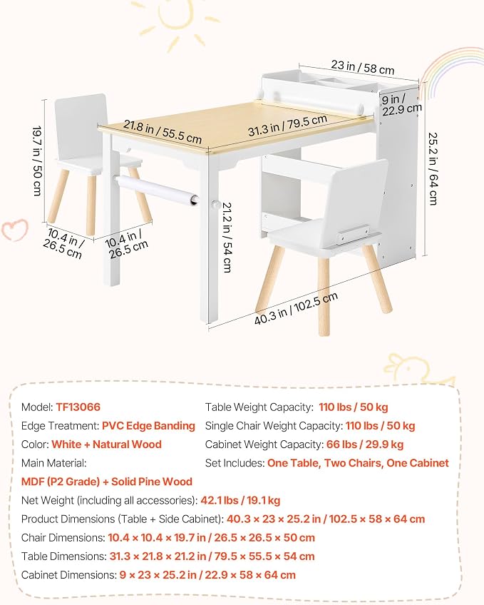VEVOR Kids Art Table and Chair Set, Toddler Activity Table with Storage, Wood Kids Craft Desk with Paper Roll for Drawing, Reading, Writing, Kid Play Table for Nursery, Playroom, Classroom, White