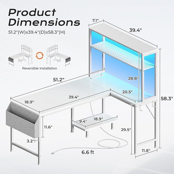 L Shaped Gaming Desk with LED Lights & Power Outlets | Reversible Computer Desk with Storage Shelves & Bag, Large Corner Home Office Desk with Pegboard for Work from Home, White