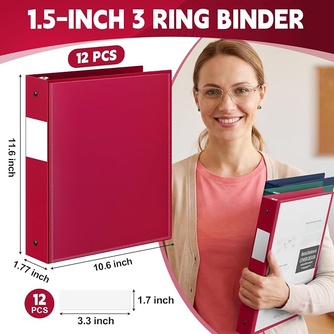 Henoyso 1.5 Inch 3 Ring Binders with Clear Front Cover and 2 Pockets, Round Ring Binders Fits 8.5'' x 11'' Letter Size Paper for School Office Supplies, 12 Pack (Assorted Classic Color)