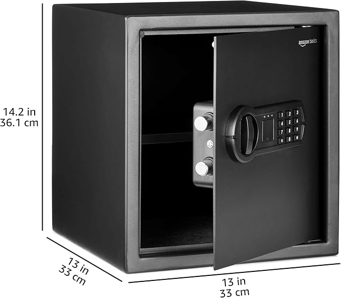 Amazon Basics Steel Home Security Electronic Safe with Digital Keypad, Programmable Lock for Important Documents, Jewelry, Valuables, 1.2 Cubic Feet, Black, 13"W x 13"D x 14.2"H