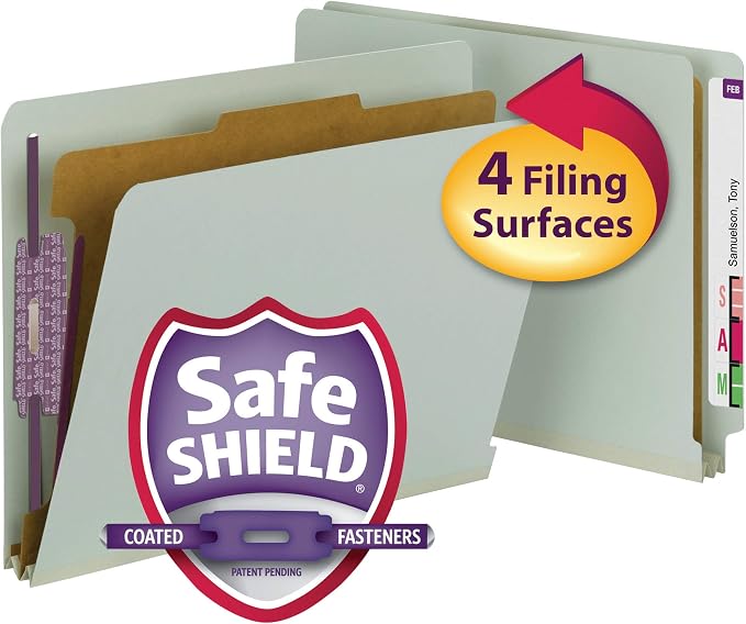 Smead End Tab Pressboard Classification File Folder with SafeSHIELD® Fasteners, 1 Divider, Gray/Green, Letter Size, 10 per Box (26800)