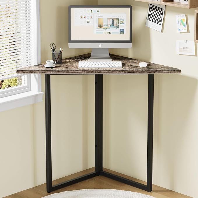 VECELO Corner Desk,Office Tables for Living Room for Small Space Triangle Computer Desk with Steel Frame Corner Shelves with Metal Frame Writing Desk for Workstation Classic Grey 31.1"