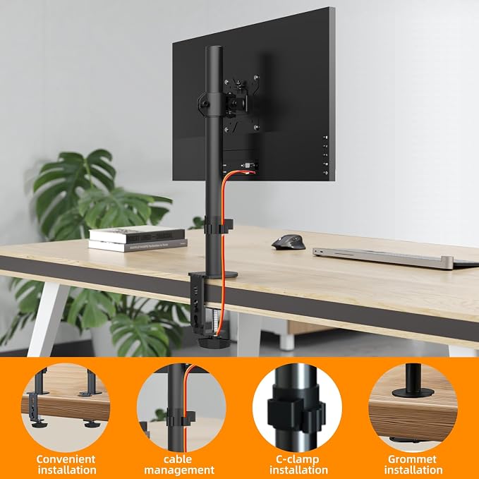 PHOLITEN Monitor Mount for Most 13-32" Computer Screens up to 20lbs,Adjustable Single Desk Monitor Stand with Tilt Swivel Rotation, VESA 75x75mm/100x100mm | Adjustable Single Desk Stand, Tilt Swivel Rotation, VESA 75x75/100x100mm
