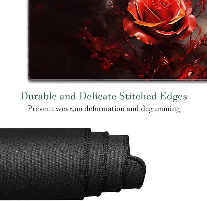Extended Gaming Mouse Pad 31.5" x 11.8", with Edge Stitching, Non-Slip Rubber Base Keyboard Pad, Suitable for Work, Game, Office, Home and Coasters, Art Red Rose